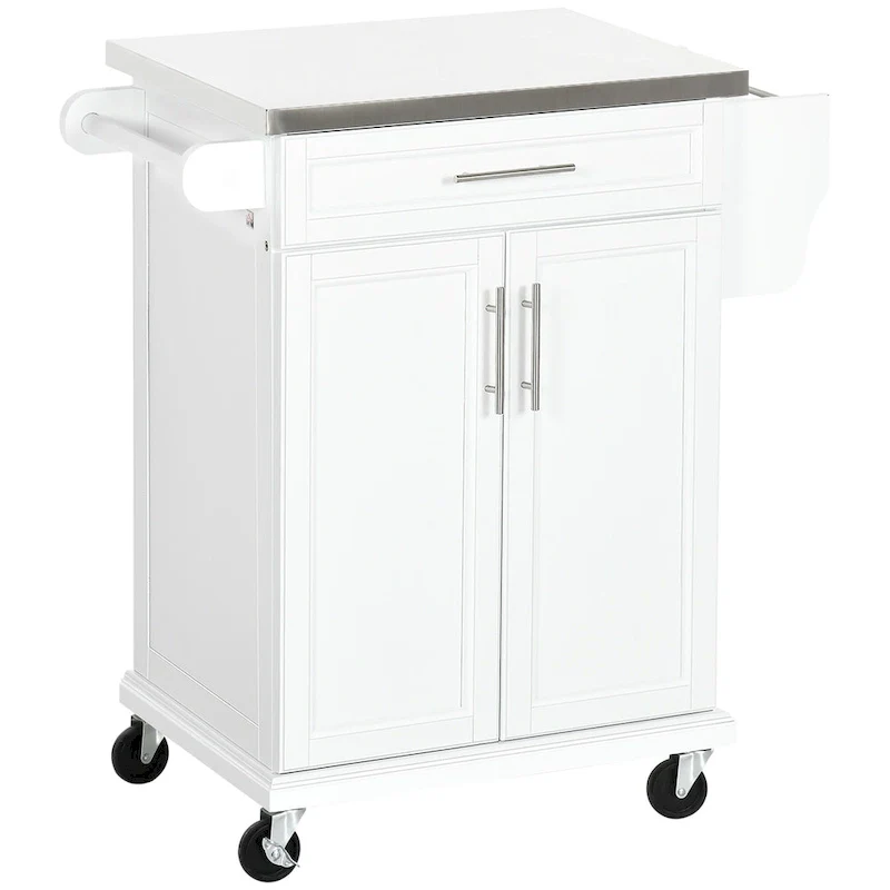 Kitchen Island on Wheels, Rolling Kitchen Cart with Stainless Steel Countertop, Drawer, Towel Rack and Spice Rack