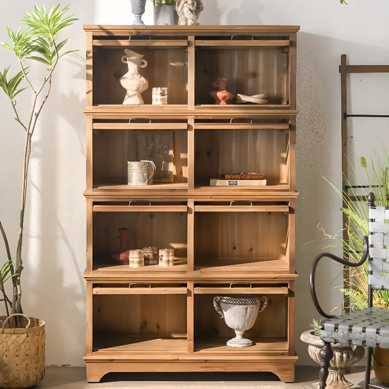 Traditional Multi-Shelves Brown Wooden Flip-Up China Cabinet