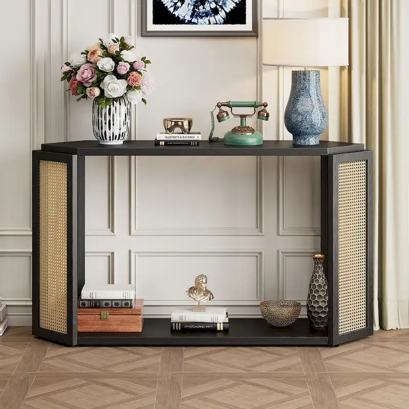 Black Arrow-Shaped Console Table with Rattan Panel, Single-Person Entryway