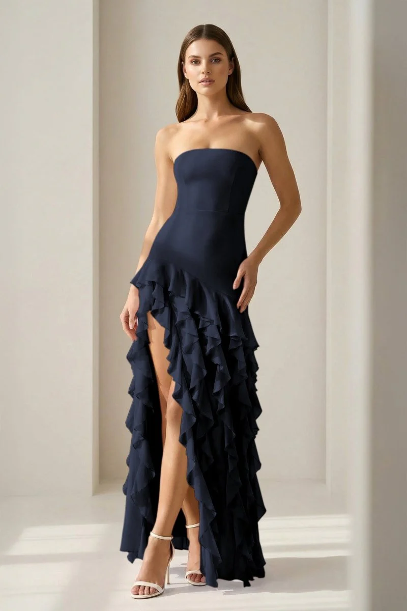 Pink Sheath Strapless Chiffon Long Prom Dresses With Ruffles