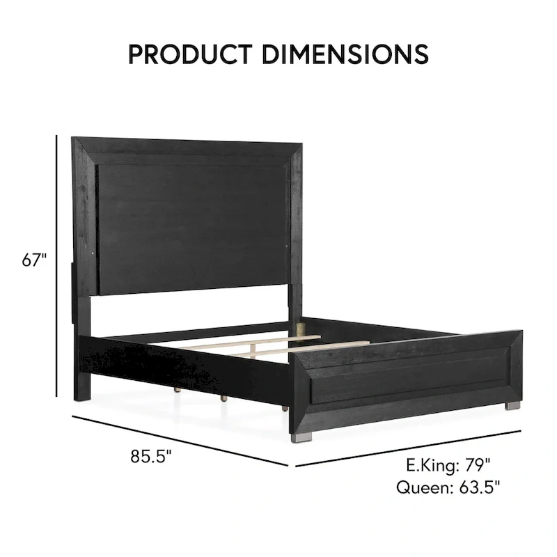 Modern Black Solid Wood Panel Bed with LED Light Headboard