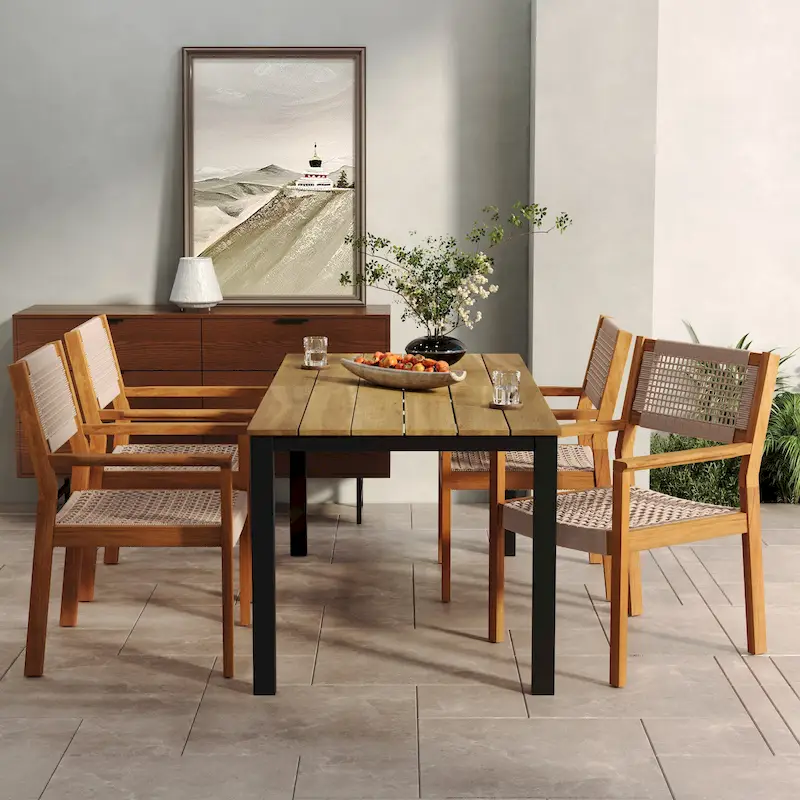 Christopher Knight Home Outdoor 5-Piece Acacia Wood Dining Sets with Rope Accent Chairs