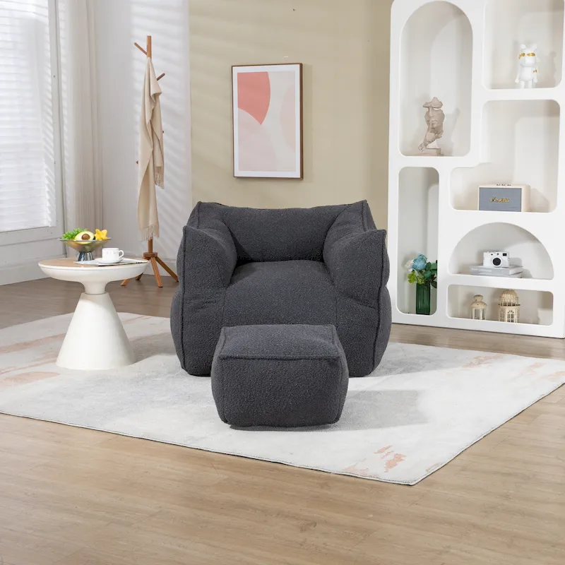Boucle Upholstered Deep Seat Armless Square Bean Bag Chair with Ottoman