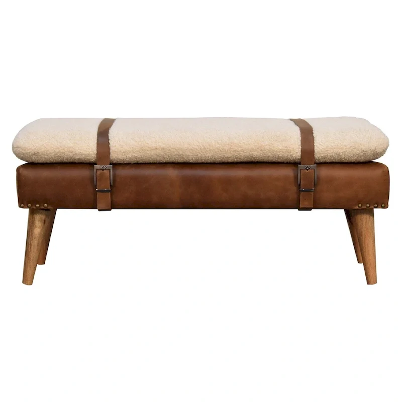 Boucle & Buffalo Hide Leather Bench – Oak Legs, Belted Strap Design