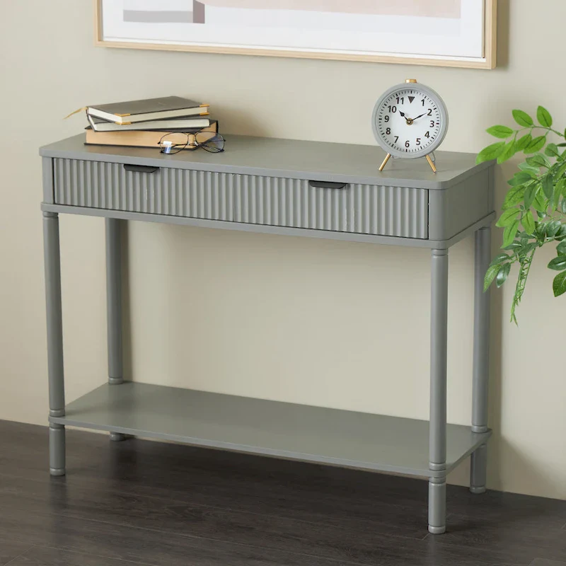 Wood Handmade 2 Drawer Console Table with Black Handle and Ribbed Front - Gray - Roche River Decor