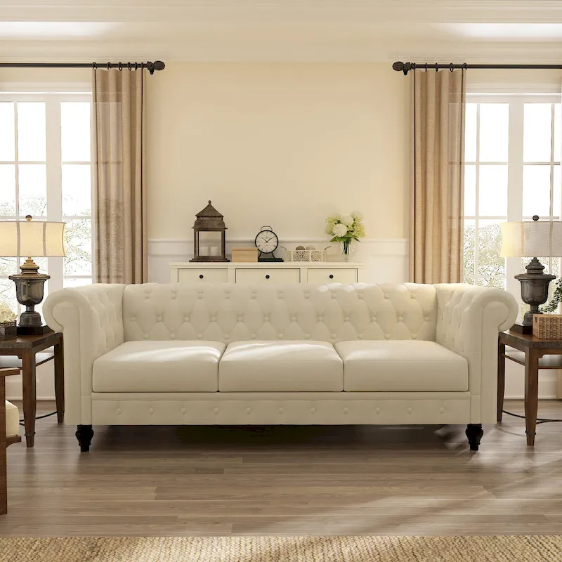 Elegant Beige Chesterfield Sofa - 3-Seater Velvet with Tufted Buttons & Wooden Legs