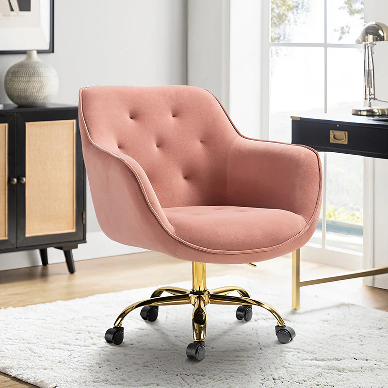 Velvet Tufted Swivel Office Chair with Foam Fill, Armrests & Gold Metal Base | Pink | Single Seat