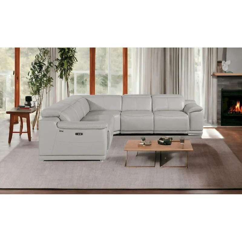 Light gray Italian genuine leather electric recliner U-shaped corner sofa with control panel