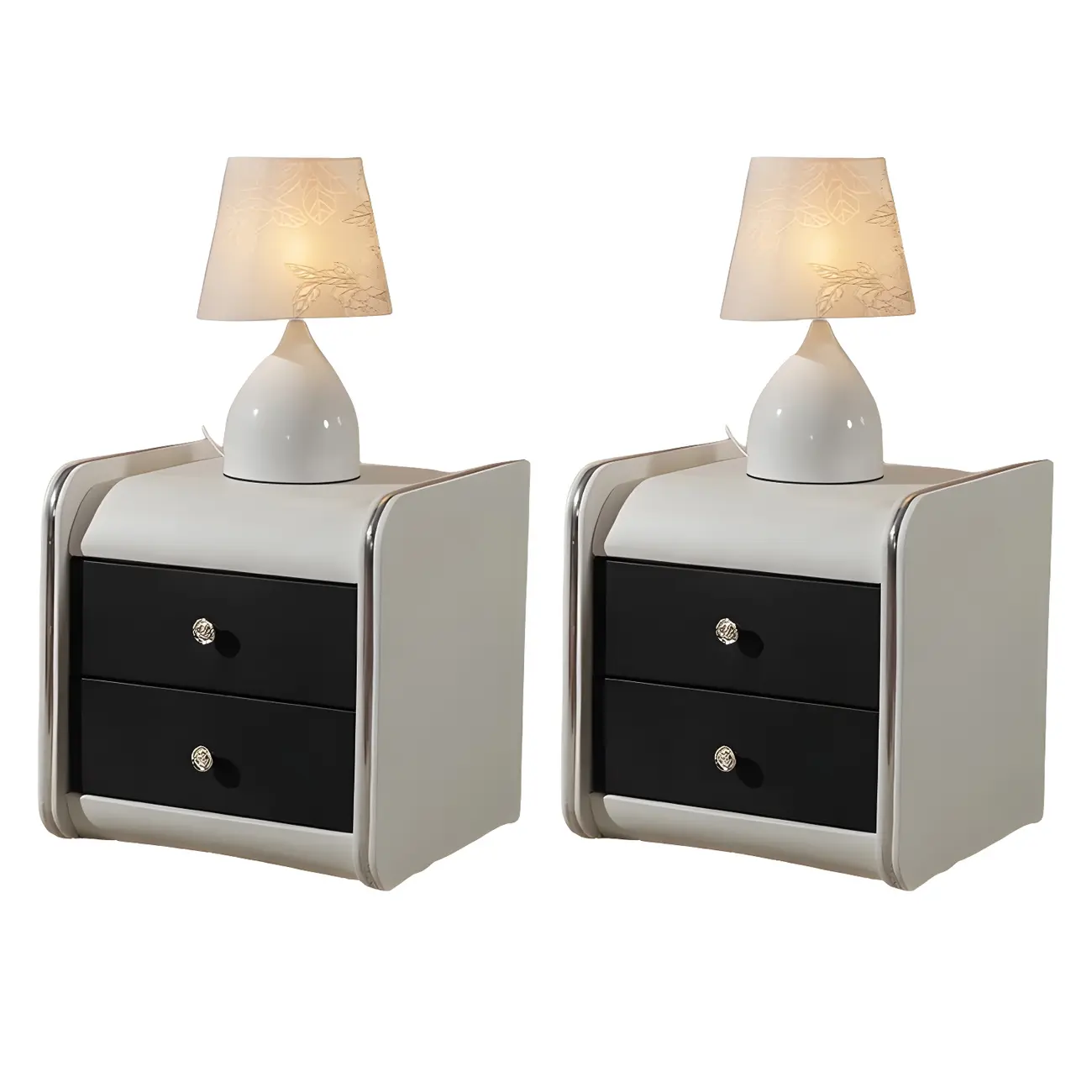 Luxurious Glossy Leather Wooden 2 Drawer Black Nightstand