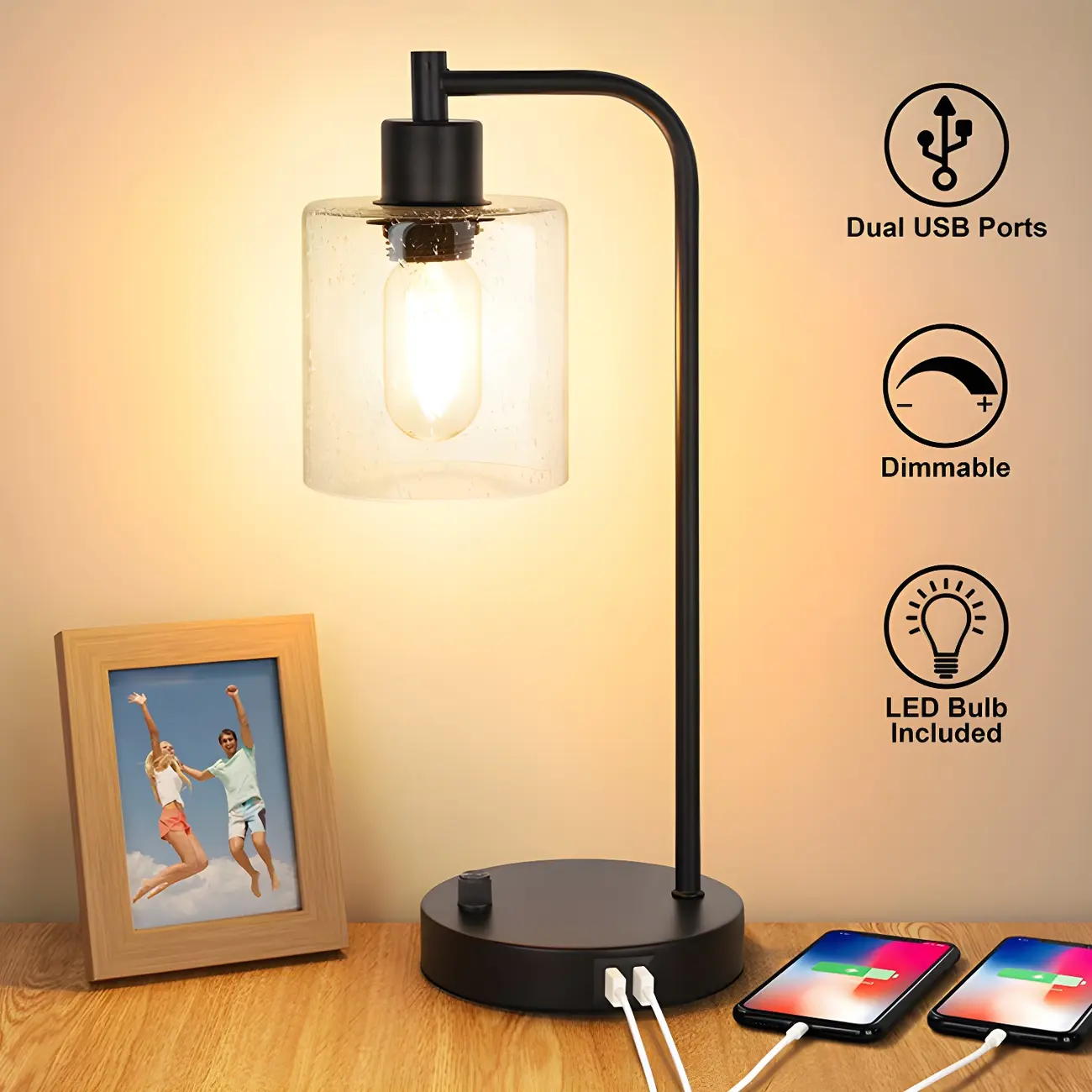 Simple Black Metal Glass Barrel Table Lamp with Touch Switch