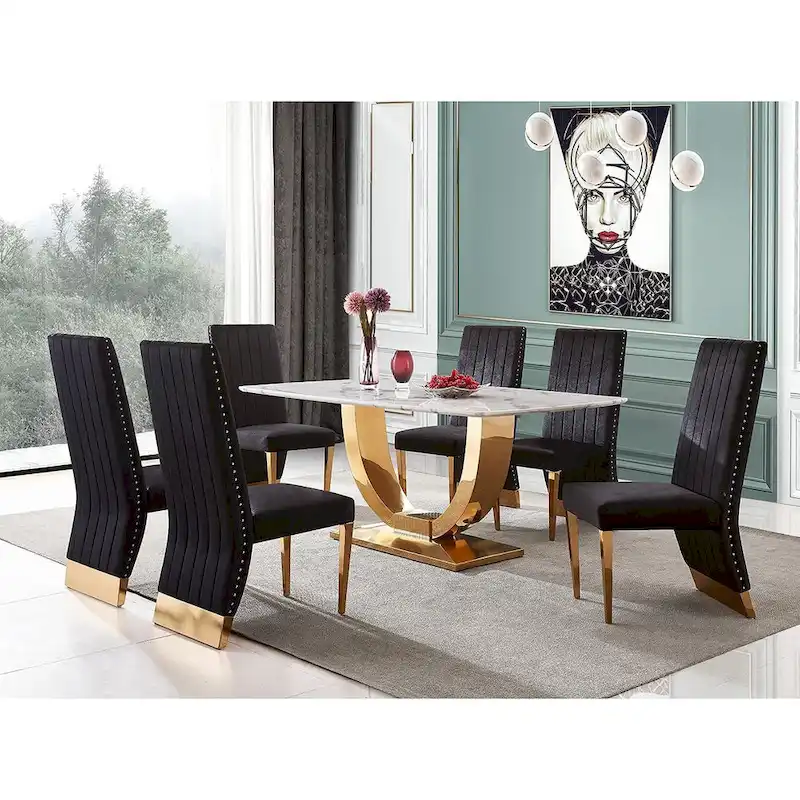 Modern Channel High Back Dining Chairs with Nailhead Trims and Polished Metal Legs