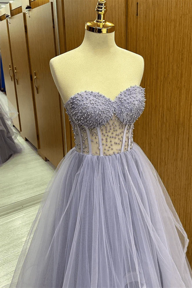 Lilac Strapless Beaded Ruffle-Layers Tulle Long Prom Dress