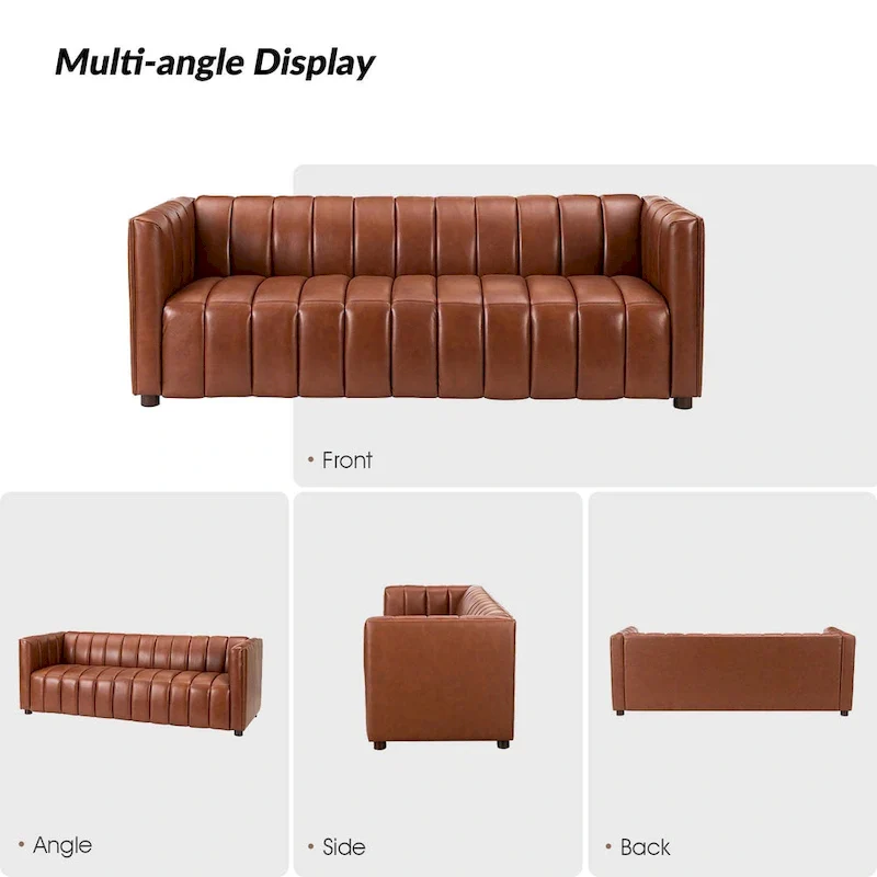 83-inch genuine leather curved sofa with a grooved backrest.
