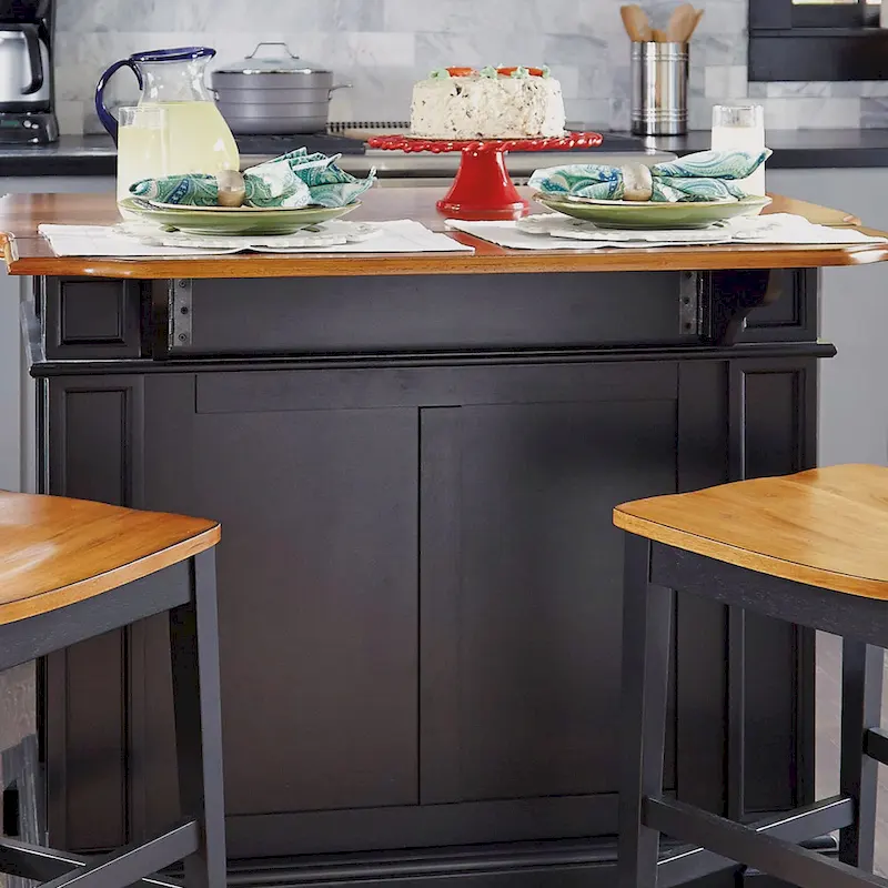 Black Kitchen Island Set with 2 Stools - Distressed Oak Top