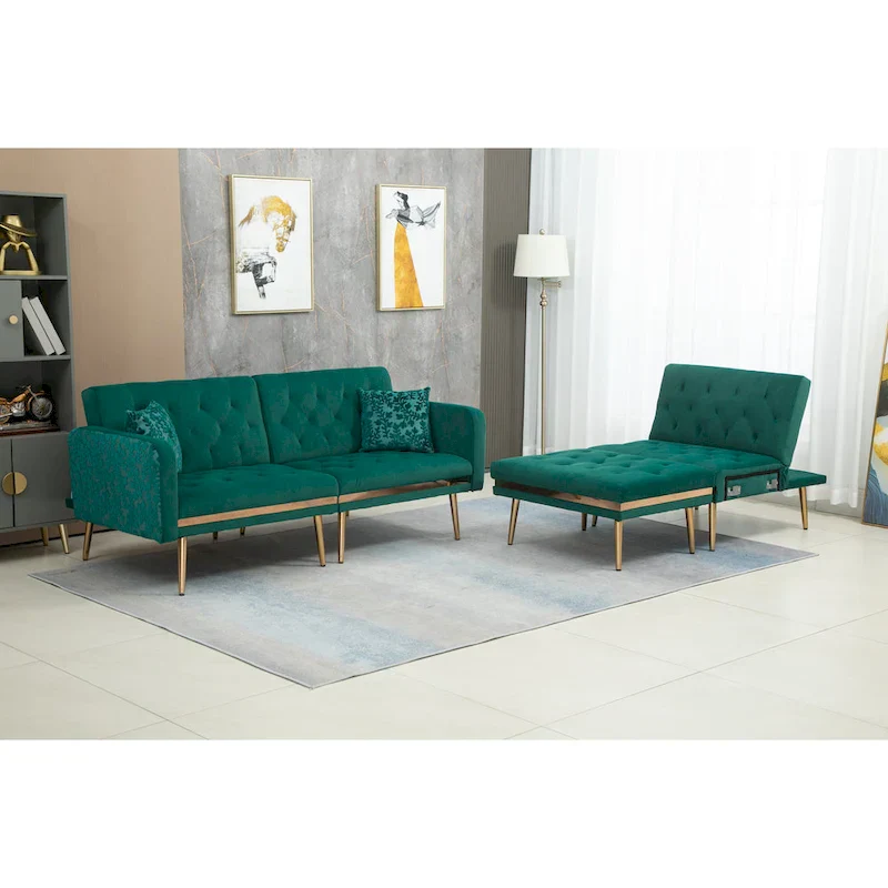 Polyester Upholstered Tufted Sleeper L-Shaped Sectional Sofa With Ottoman