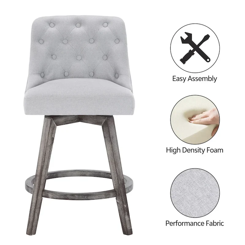 HOMYKA Tufted Swivel Bar Stool with Wood Grain Chair Legs Set of 2