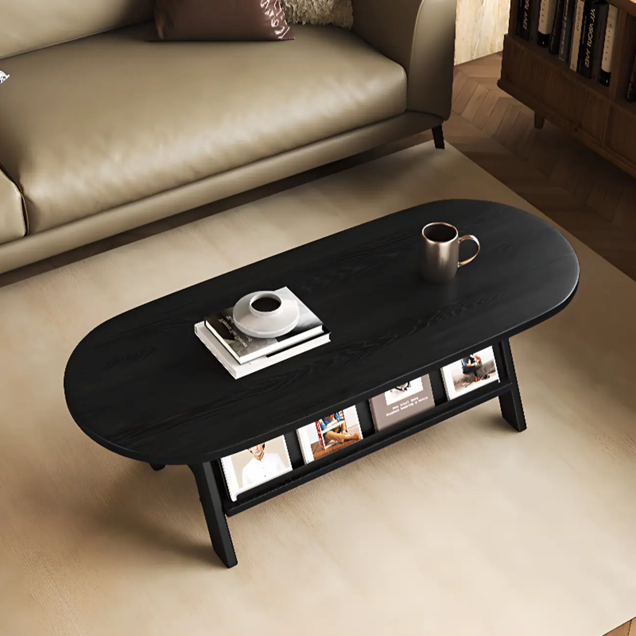Classic Wooden Oval Coffee Table with Tilt Shelf