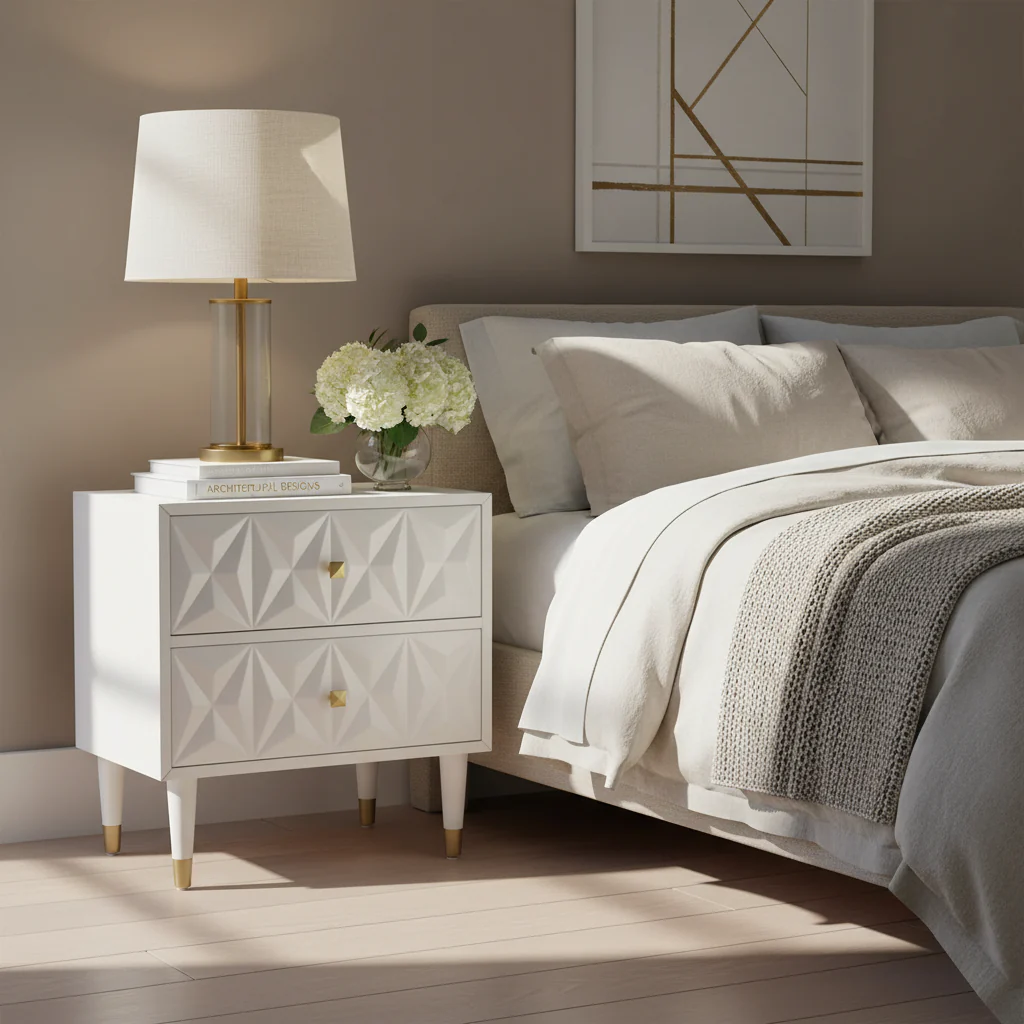 27 White Geometric Patterned Two Drawer Nightstand