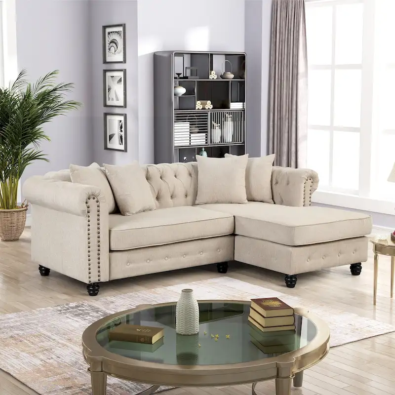 Beige / Grey Chesterfield Sofa, Linen, 3-Seater