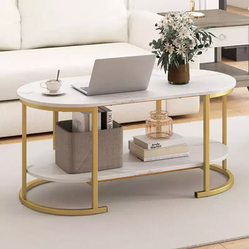 Costway Oval Coffee Table with Metal Support Legs for Apartment Office Reception White
