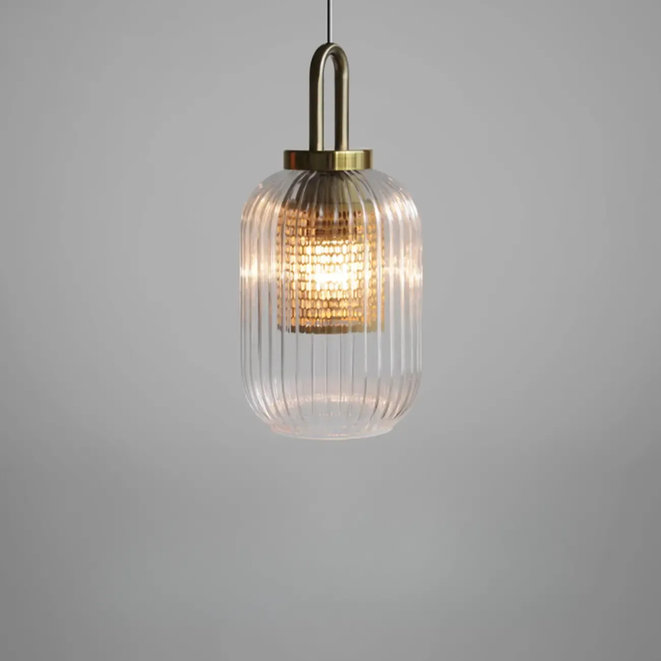 Gold Metal Ribbed Clear Glass Kitchen Pendant Light