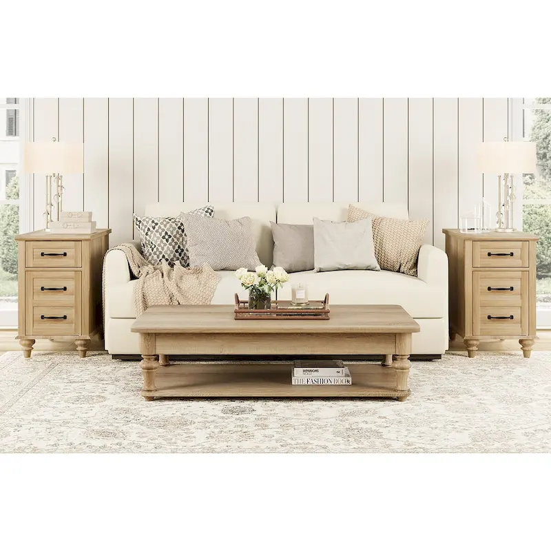 Oak Modern End Table with Charging Station & Cabinet Door - Set of 2