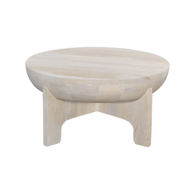 32-Inch Mango Wood Drum Top Coffee Table, Classic Washed White