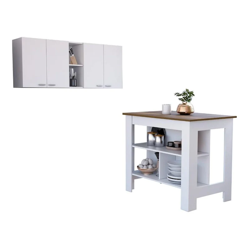 Sierra 7-Shelf 4-Door 2-piece Kitchen Set, Upper Wall Cabinet and Kitchen Island White and Light Oak