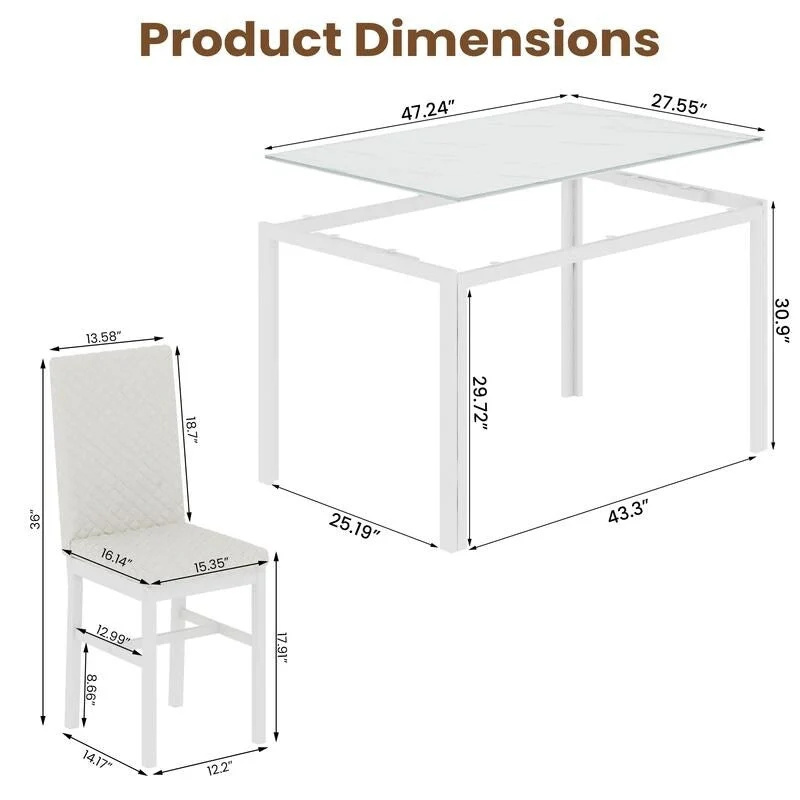 Modern Dining Room Table with Tempered Glass Tabletop and Diamond Stitching PU Leather Chairs