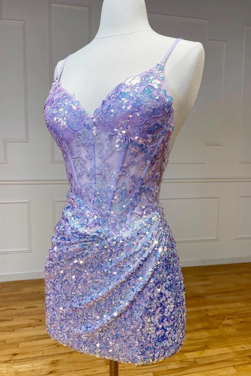 Sparkle Appliques Sequin Bodycon Lilac Mini Party Dresses