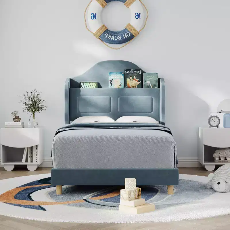 Blue/Pink/White Upholstered Wing Back Twin Bed Frame with LED Lights & Storage Headboard, for 1 Person