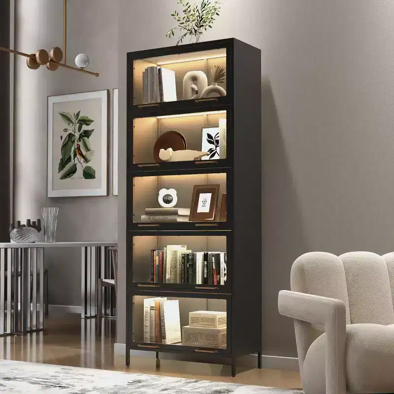 76 Display Cabinet with Glass Doors, 5-Tier Metal Bookcase for Collectibles, Modern Curio Cabinet for Living Room or Office-Panipeachy