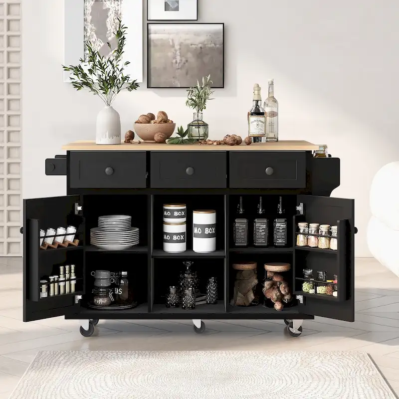 Black / Mint Green / White / Blue Rolling Kitchen Island Cart with Drop-Leaf, 3 Drawers & Shelves, for 1