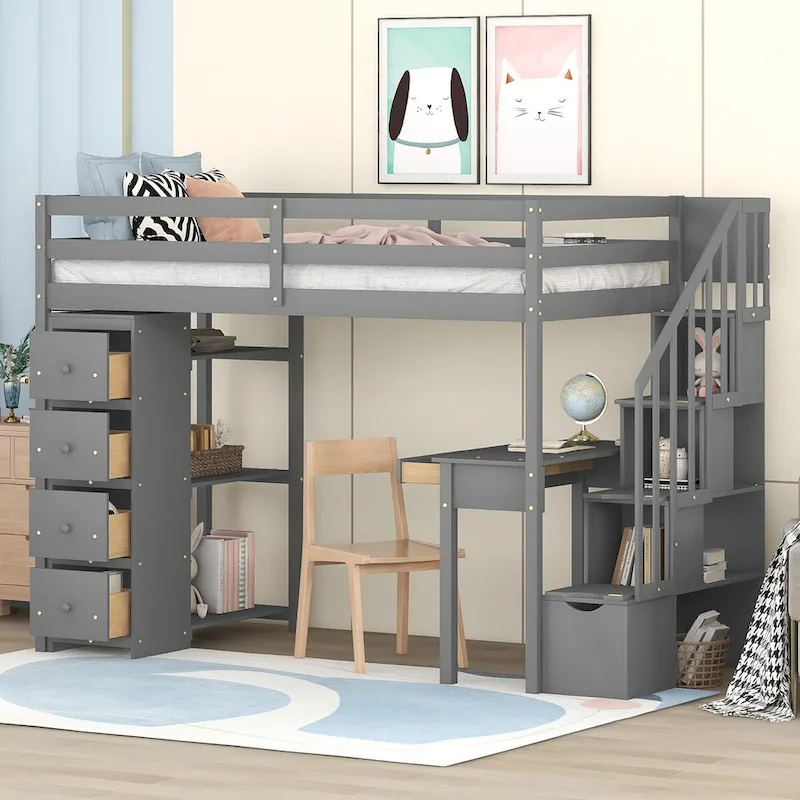 Loft Bed Twin with Desk and Storage Stairs, Space-Saving Wood Bed Frame with Drawers and Shelves, for Teens Adults