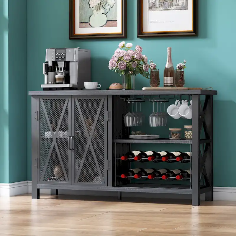 Grey/Brown Bar Cabinet with Wine Rack