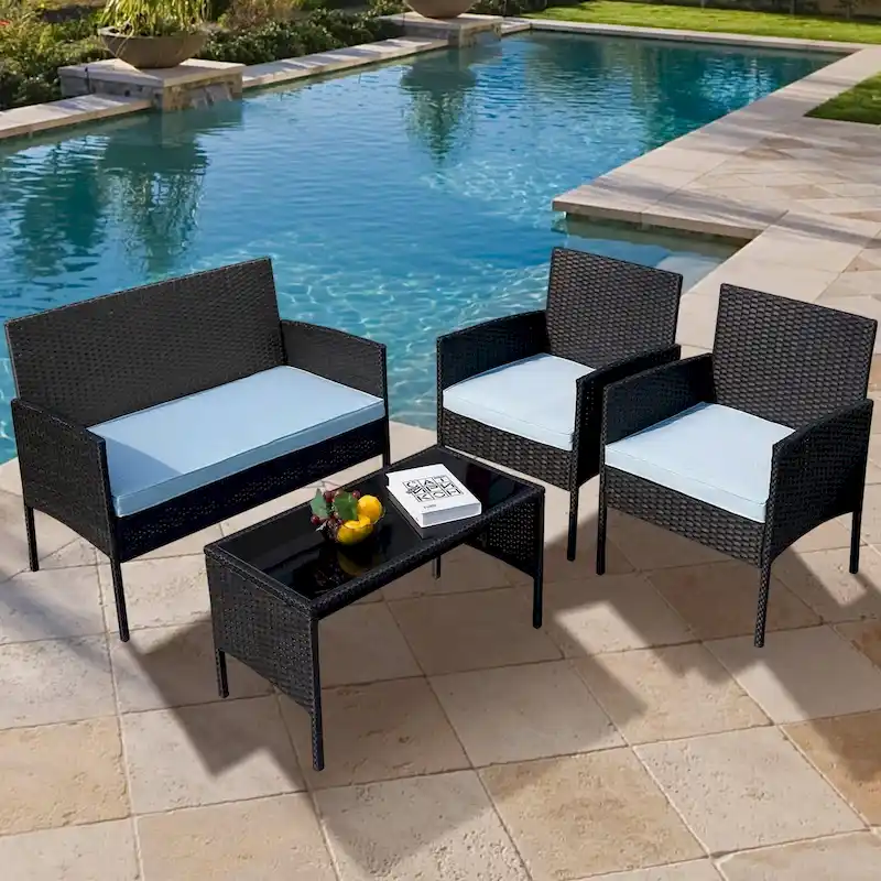 4 Piece Patio Conversation Wicker Furniture Set, Outdoor Rattan Sectional Furniture Set With Cushions for Yard Garden
