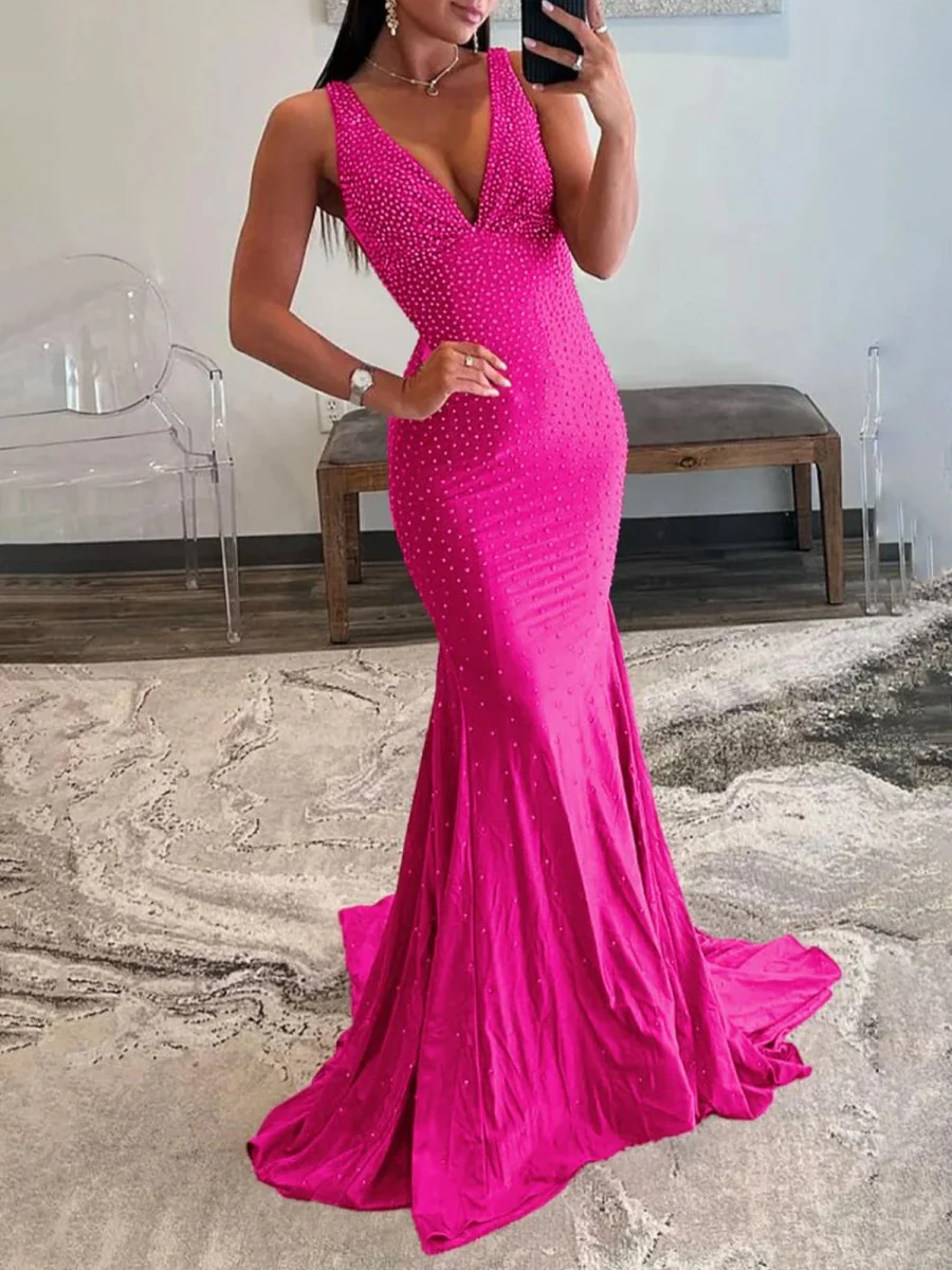 Mermaid Deep V-Neck Beaded Satin Long Prom Dress