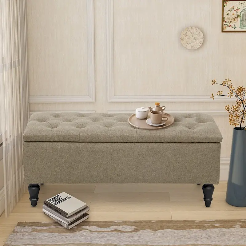 38-Inch Tufted Storage Bench – Denim Blue / Beige / Tan / Grey – 1-Seat