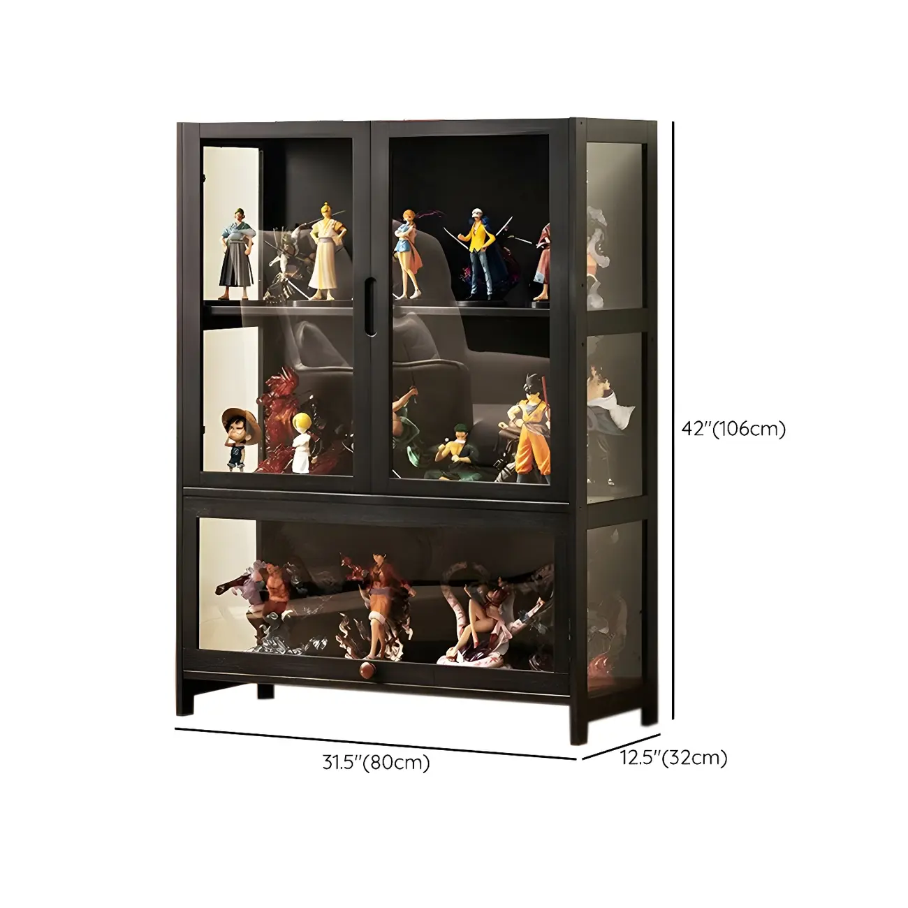Modern Black Bamboo Adjustable Shelves Glass Display Cabinet