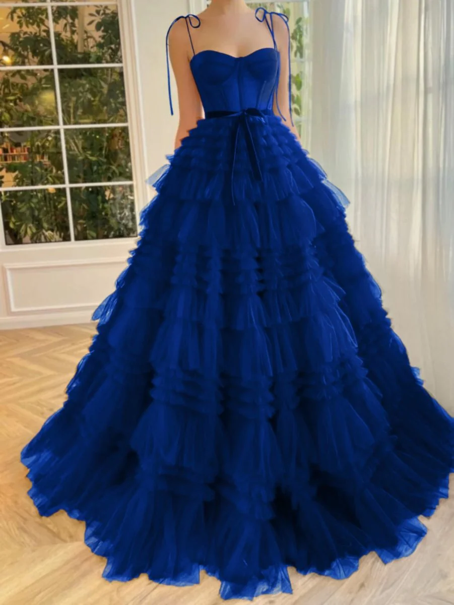 A Line Strapless Fuchsia Tiered Long Tulle Prom Dress