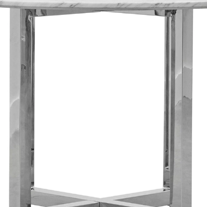 Eun 48 Inch Round Dining Table with Marble Top, Cross Base, Chrome