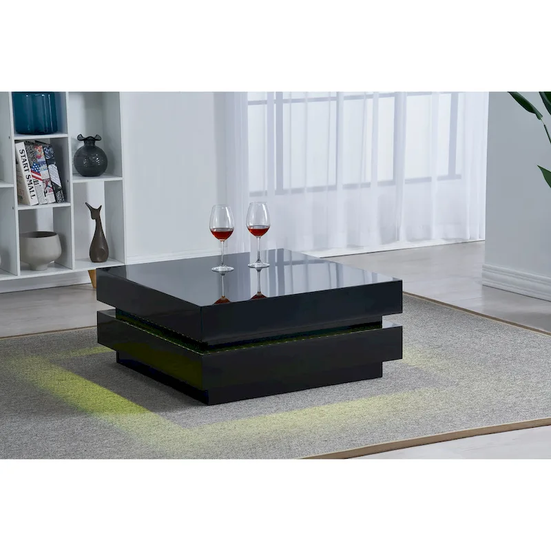 Black Glossy Square Coffee Table with LED Mood Lights & Remote, 2-Person