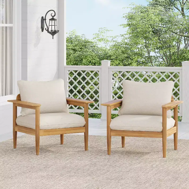 Christopher Knight Home Kari Patio Acacia Wood Slatted Club Chair with Water-Resistant Cushions, Beige/Light Teak