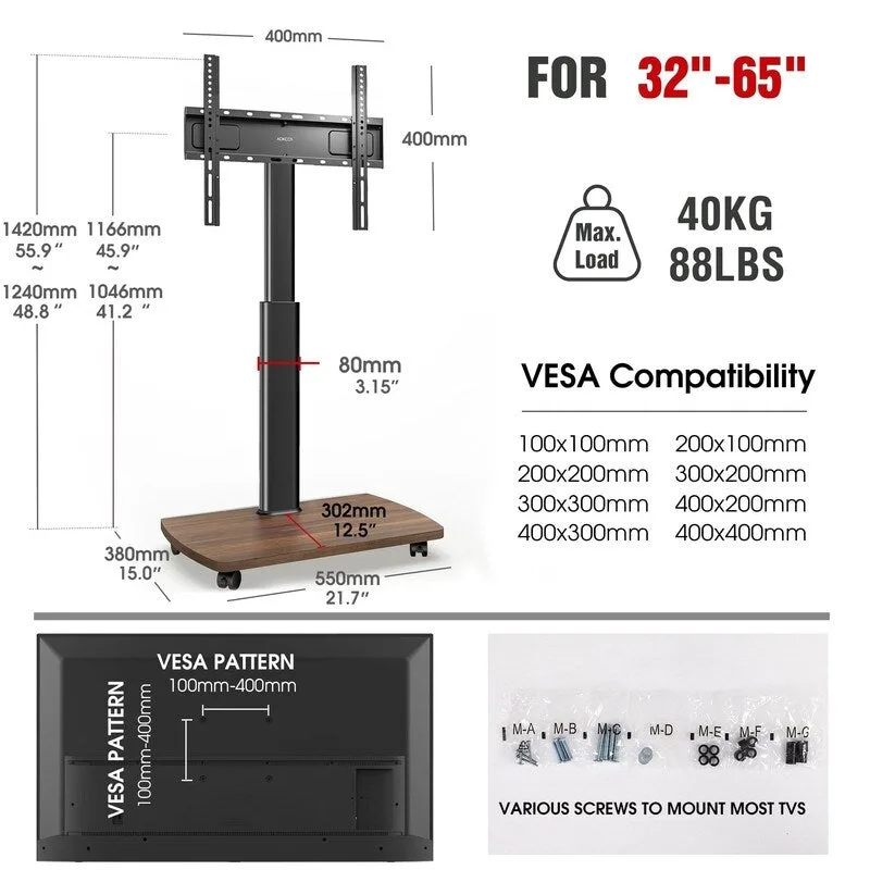 Black / Brown / White Rolling TV Stand with Height Adjustment & Swivel – Single