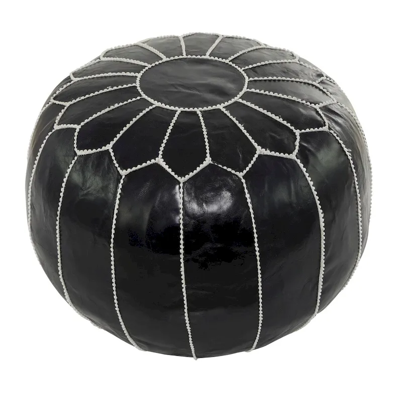 Leather Floral Moroccan Pouf with White Stitching - Black or Light Brown - Roche River Decor