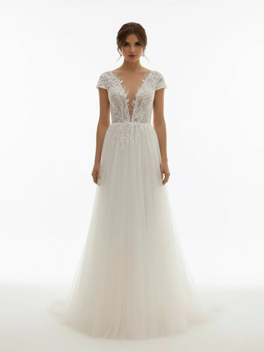 Sexy A Line Plunging Neckline Tulle Sweep Train Wedding Dress with Appliques