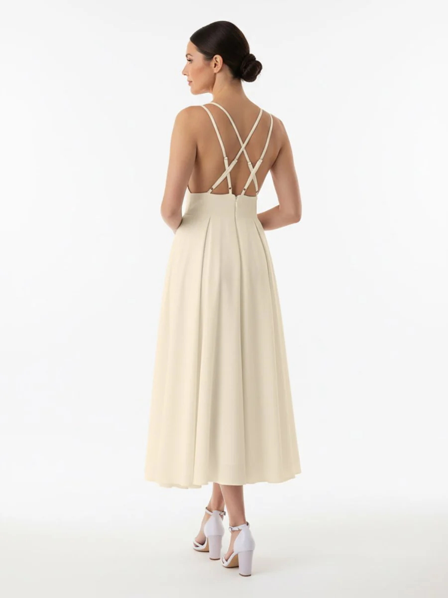 A-Line V-Neck Sleeveless Satin Knee-Length Wedding Dress