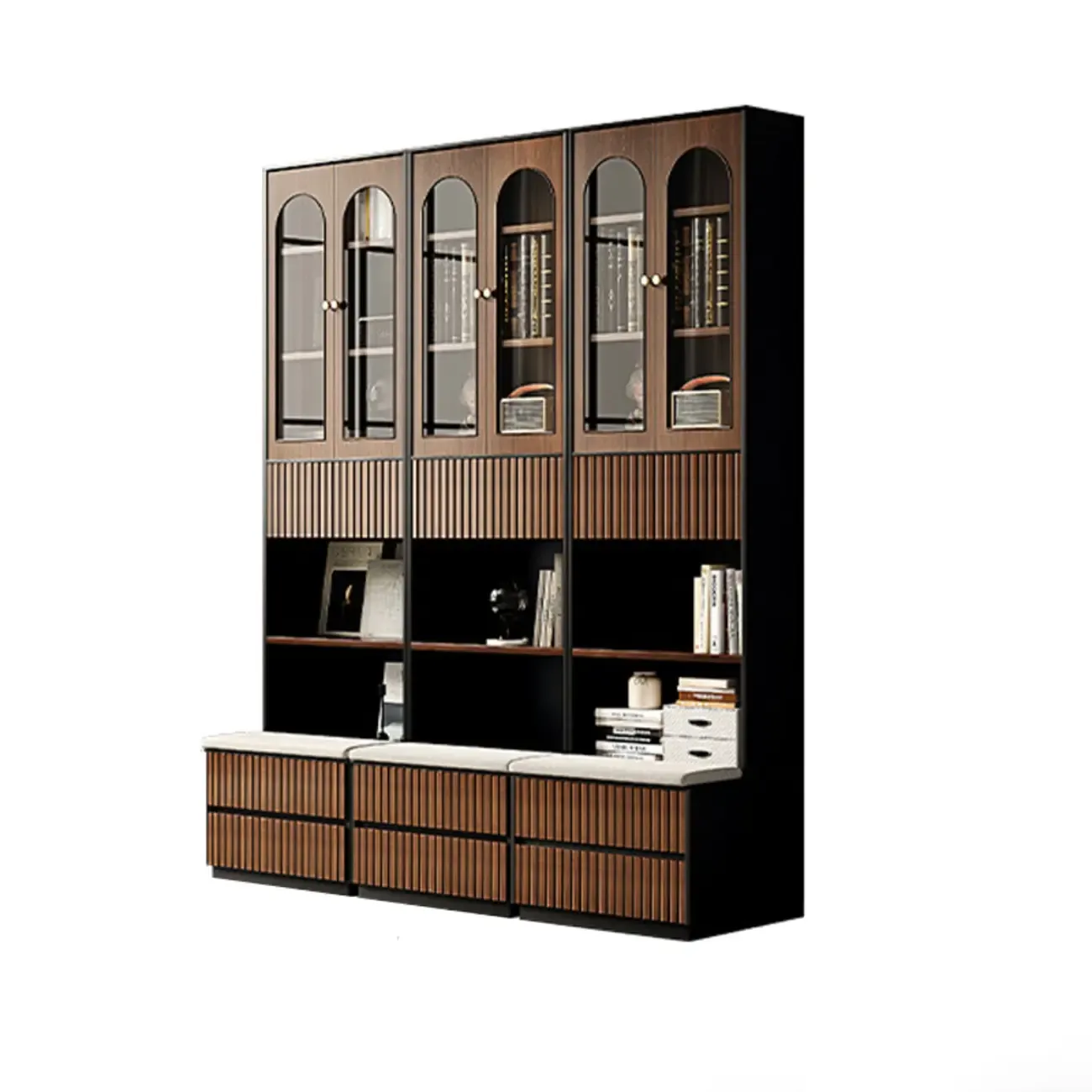 Tall French Country Display Wooden Bookcase with Cushioned Bench