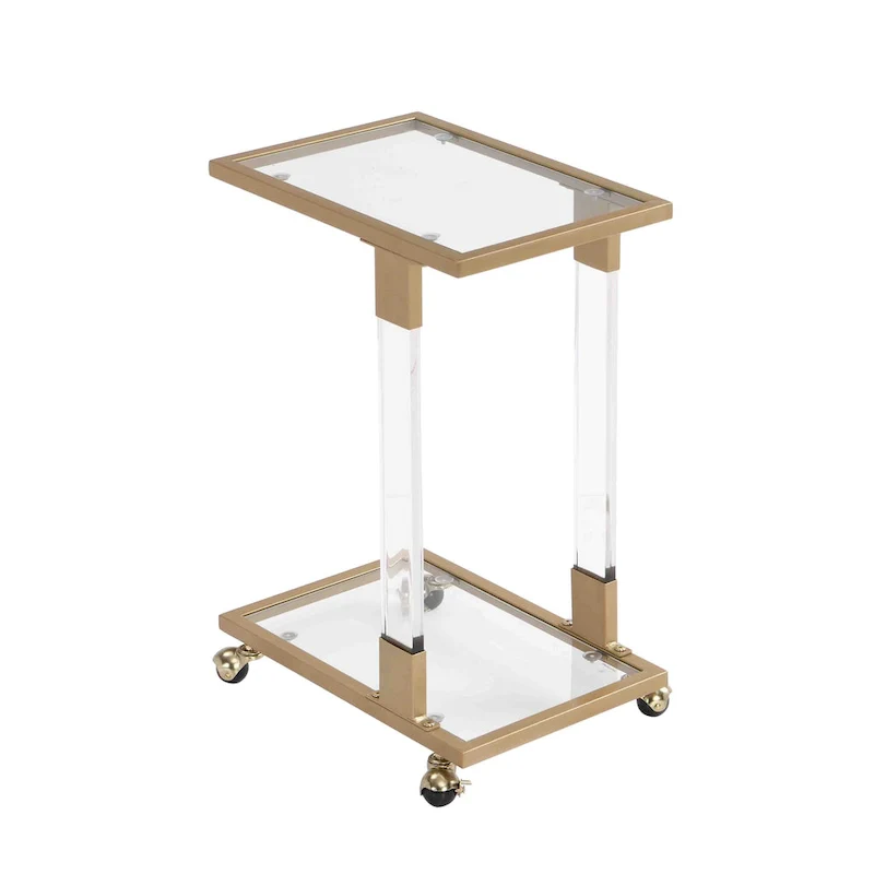 C-Shape Square Acrylic Side Table Sofa Table with Glass Top and Metal Base