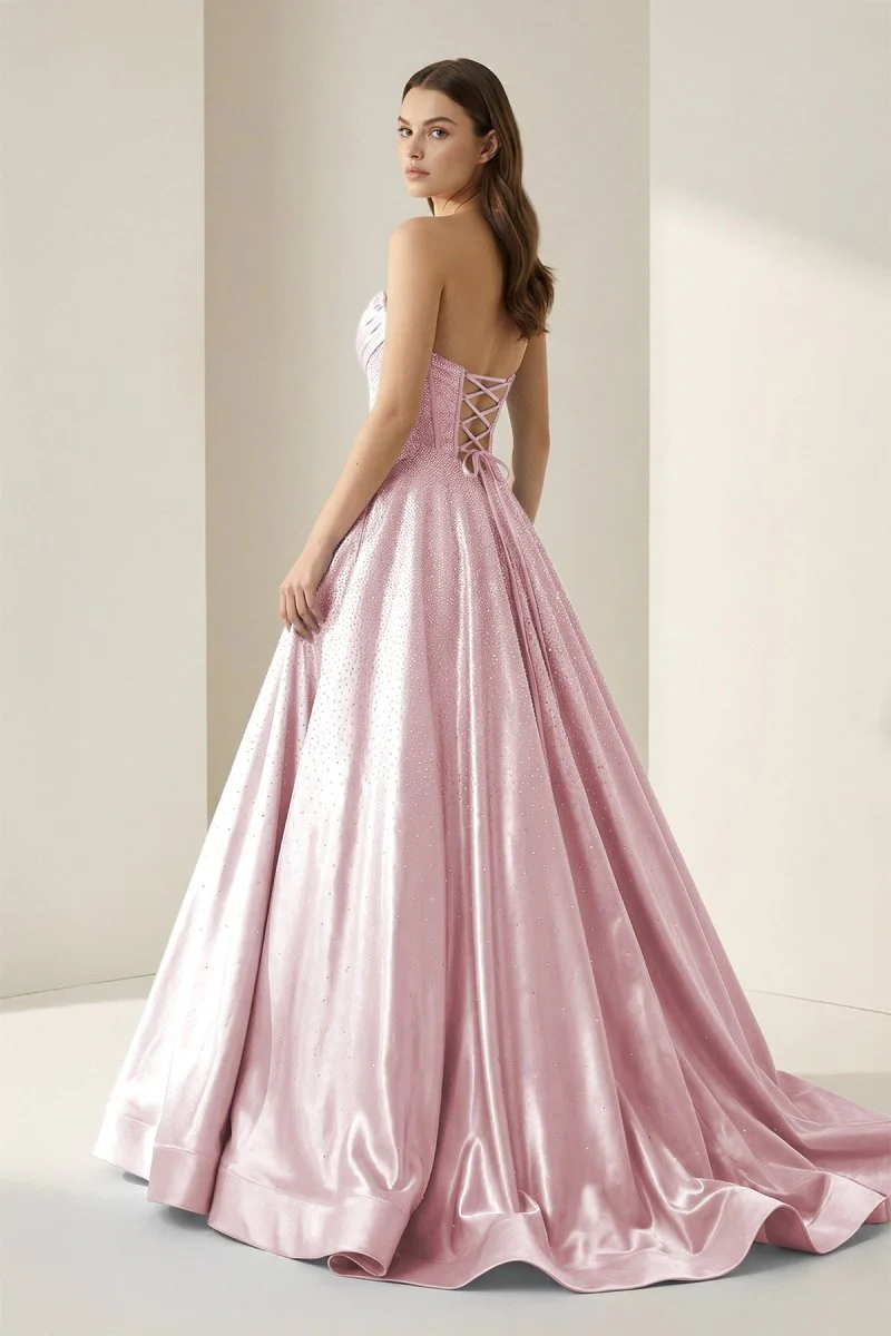 Pink - Strapless A Line Satin Beaded Long Prom Dresses With Pockets